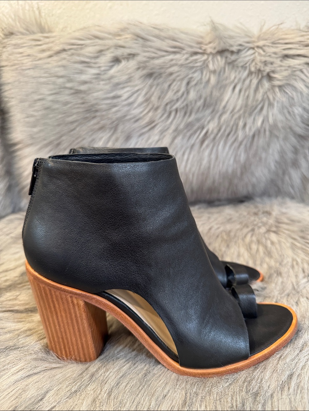 Loeffler Randall Black Open-Toe Leather Block Heel Ankle Boot Size 9B